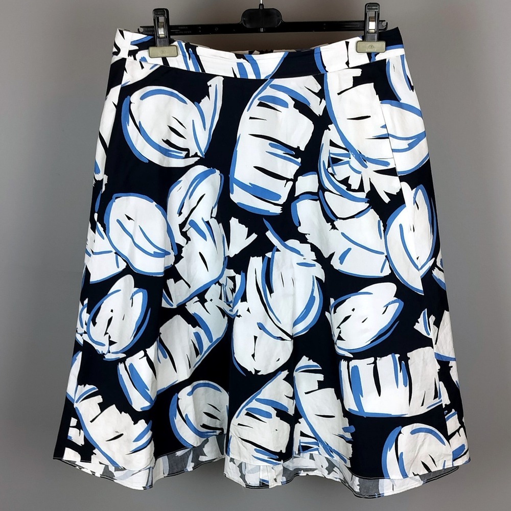 Luisa Cerano‎ Skirt Cotton Abstract Leaf Print A-Line Size 10 Navy Blue White - Picture 2 of 7